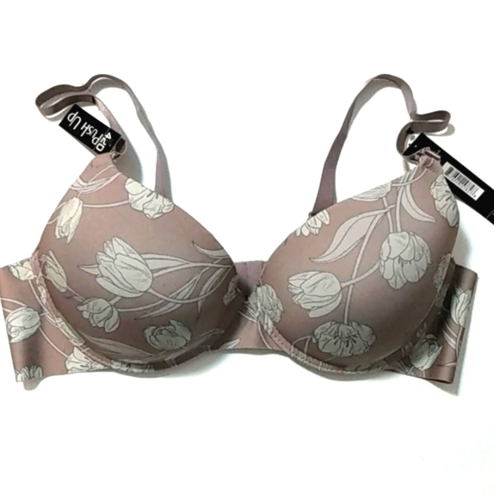 129 CATHERINE MALANDRINO TAUPE FLORAL SATIN TRIM UNDERWIRE PUSHUP BRA SZ 42D NWT